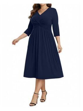 Plus Size Midi Dress V-Neck 3/4 Sleeve A-Line Wedding Guest